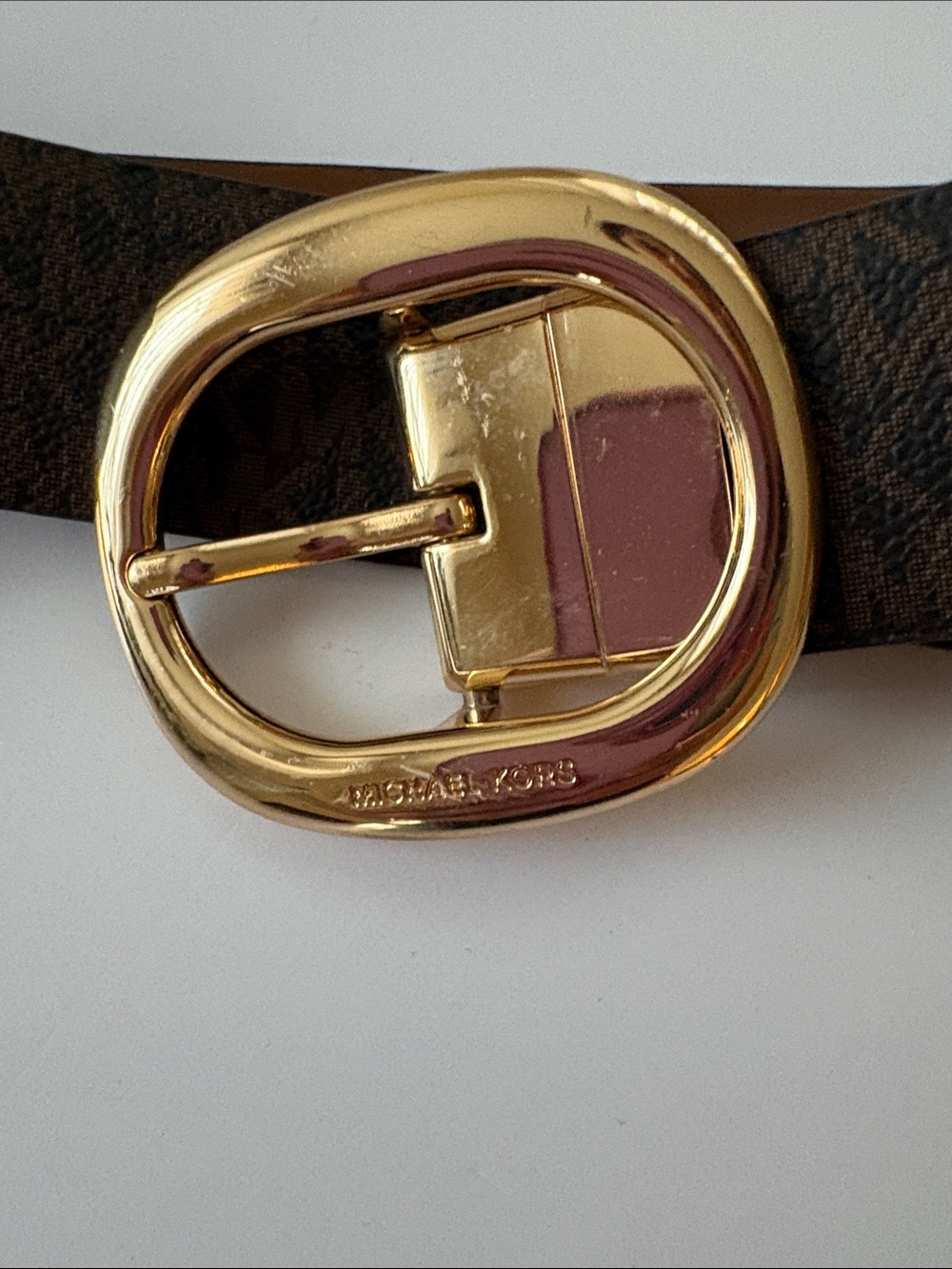 Michael Kors Gold-Tone Oval Buckle Brown Logo Strap Belt